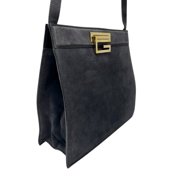 GUCCI Vintage G Square Logo Shoulder Bag Handbag Black Gold Suede [105633] - Picture 7 of 13